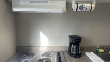 Fridge, microwave, stovetop, coffee/tea maker