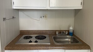 Una cocina compacta con dos hornillas, un lavamanos y un armario arriba.