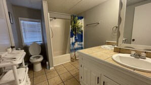 A bathroom with a toilet, sink, and shower area.