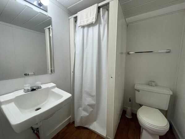 A small bathroom with a white sink, toilet, and shower curtain.