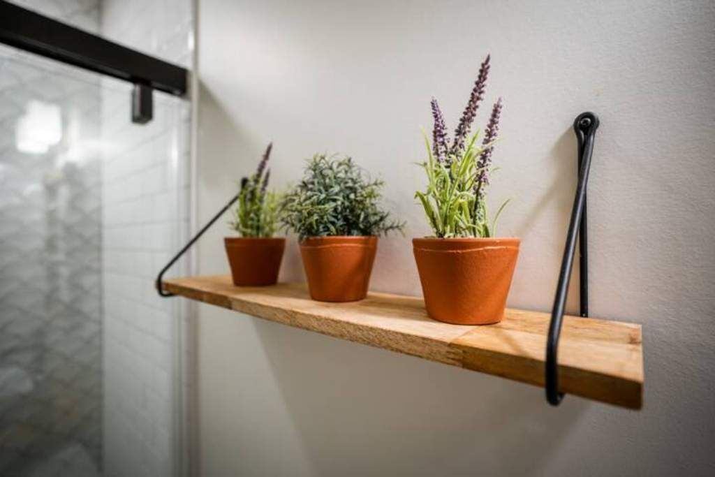 A wooden shelf with three terracotta pots containing plants.