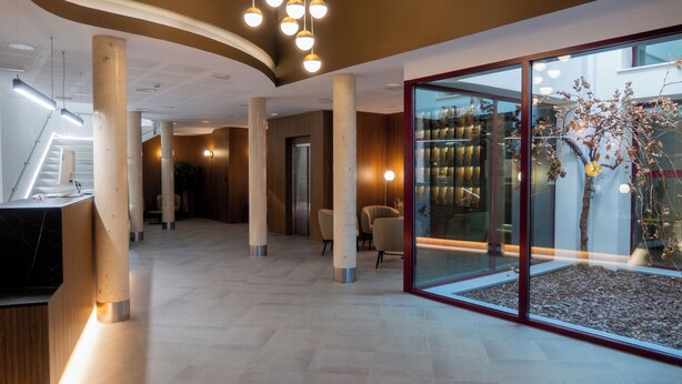 A modern lobby with a reception desk, seating area, and a glass wall with a view of a tree and outdoor area. - La Hospederia - El Provencio (El Provencio)
