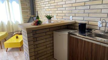 Een minikoelkast, een microgolfoven, een kookplaat, een broodrooster