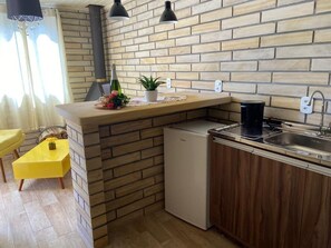 Mini-fridge, microwave, stovetop, toaster