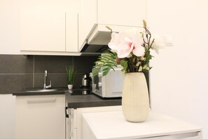 Geladeira, micro-ondas, fogão, cafeteira/chaleira