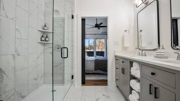 Hair dryer, towels, soap, toilet paper
