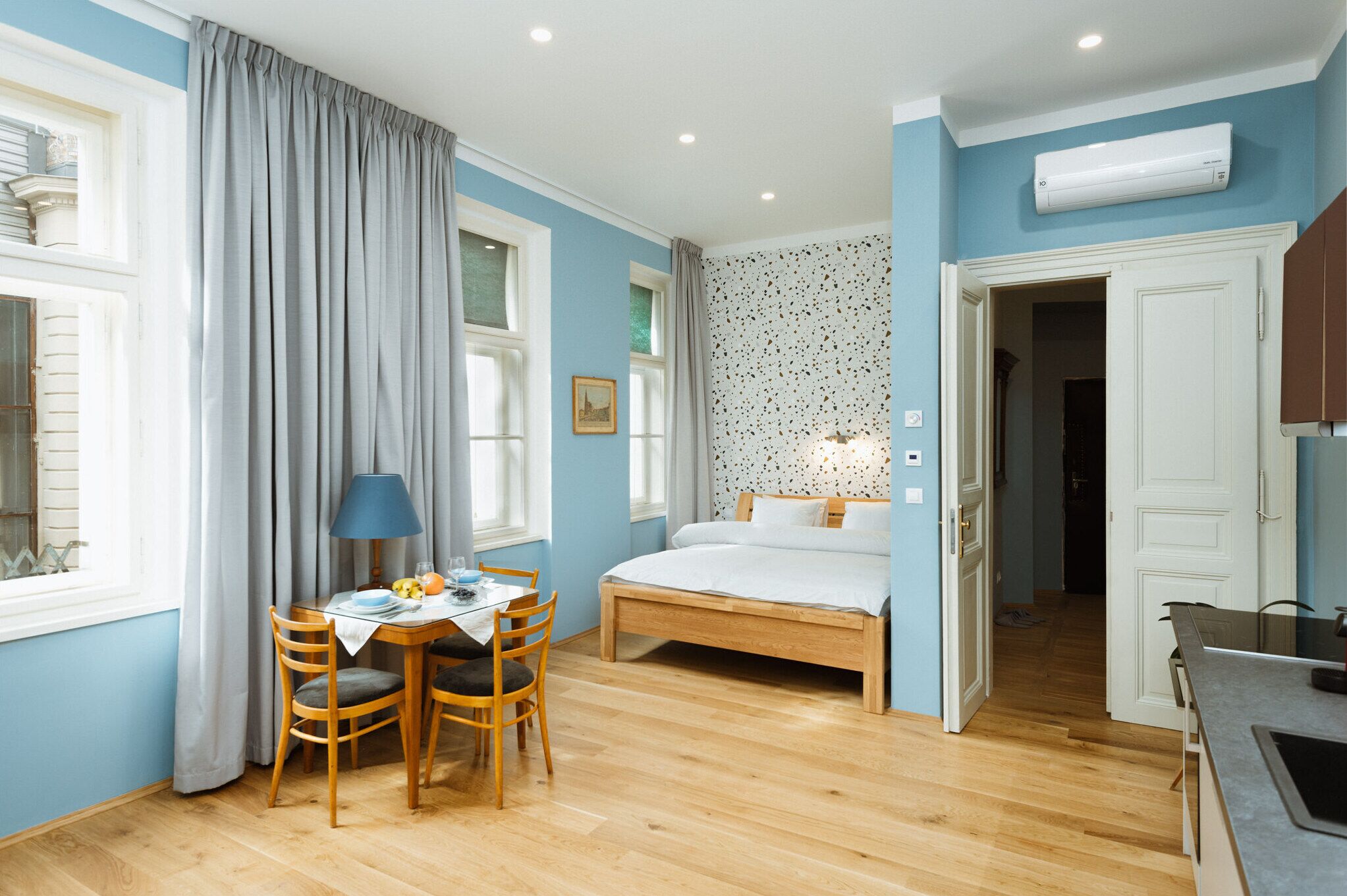 1 bedroom, desk, iron/ironing board, travel cot