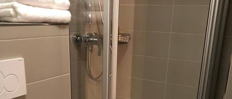 Ducha con cerramiento de vidrio, inodoro blanco y una toalla con el logo de