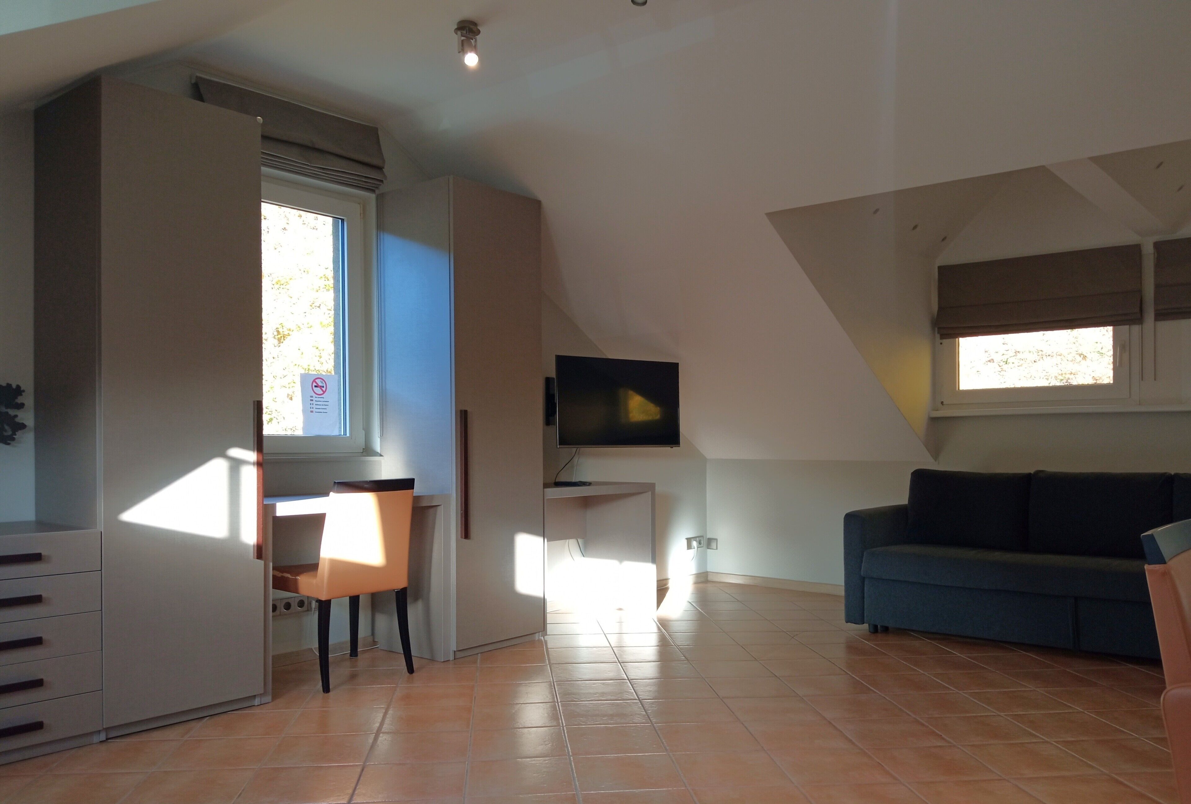 Un salon avec un canapé, un téléviseur, un bureau et une chaise.