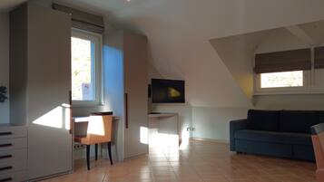 Un salon avec un canapé, un téléviseur, un bureau et une chaise.