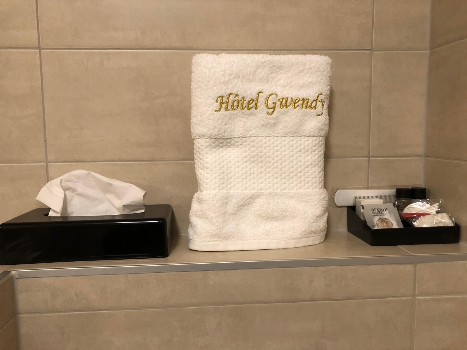 Une salle de bain avec un porte-serviettes blanc sur lequel est posée une serviette ornée d’une broderie dorée représentant le nom « Hôtel Gwendy », une boîte de mouchoirs noire et un petit plateau contenant des articles de toilette.