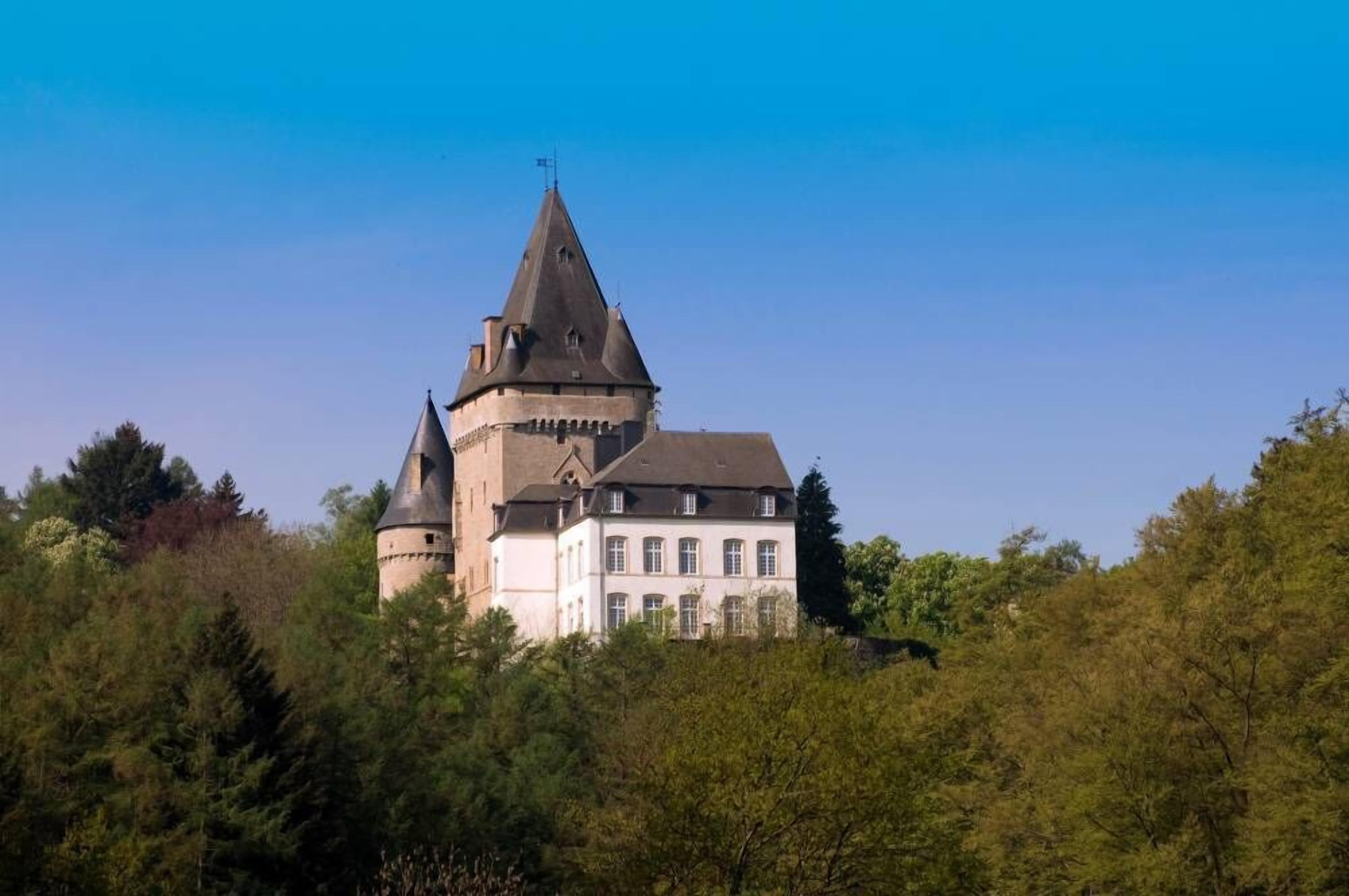 A castle-like building with a prominent tower, surrounded by dense forest.