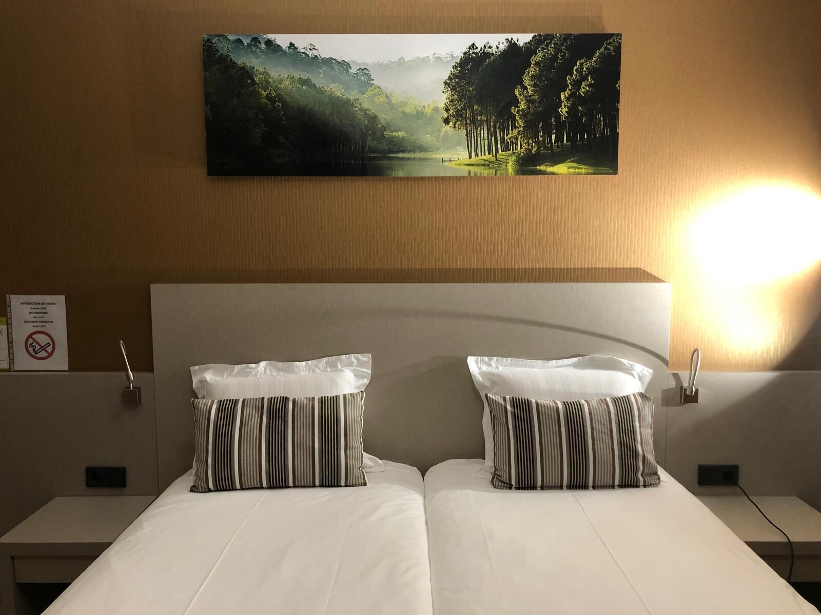 Une chambre d’hôtel avec un grand lit, deux oreillers, une table de chevet, une lampe fixée au mur et un tableau représentant un paysage forestier.