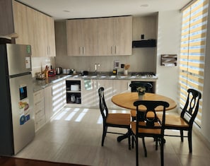 Fridge, microwave, dishwasher, electric kettle