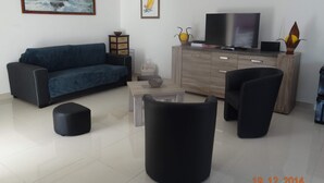 Een moderne woonkamer met een bank, een salontafel, een televisie en een kast.
