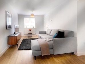 A modern living room with a grey sofa, a wooden cabinet, a black rug, and a window with blinds.