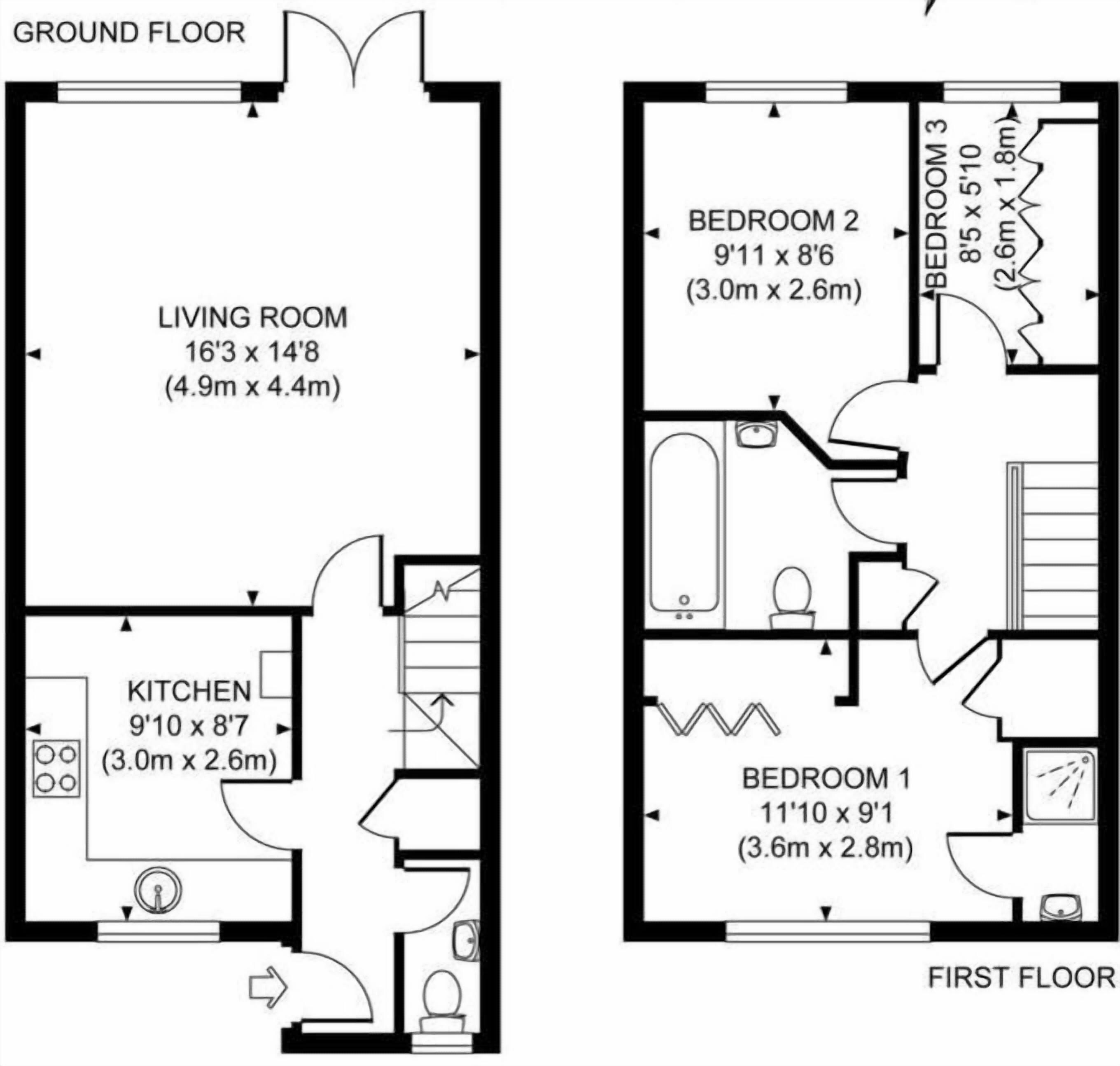 A first-floor floor plan with a living room, kitchen, two bedrooms, and a bathroom.