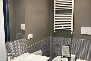 Shower, hair dryer, bidet, towels