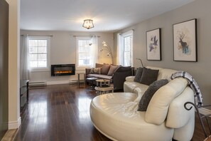 Télévision, cheminée, écrans d'ordinateur