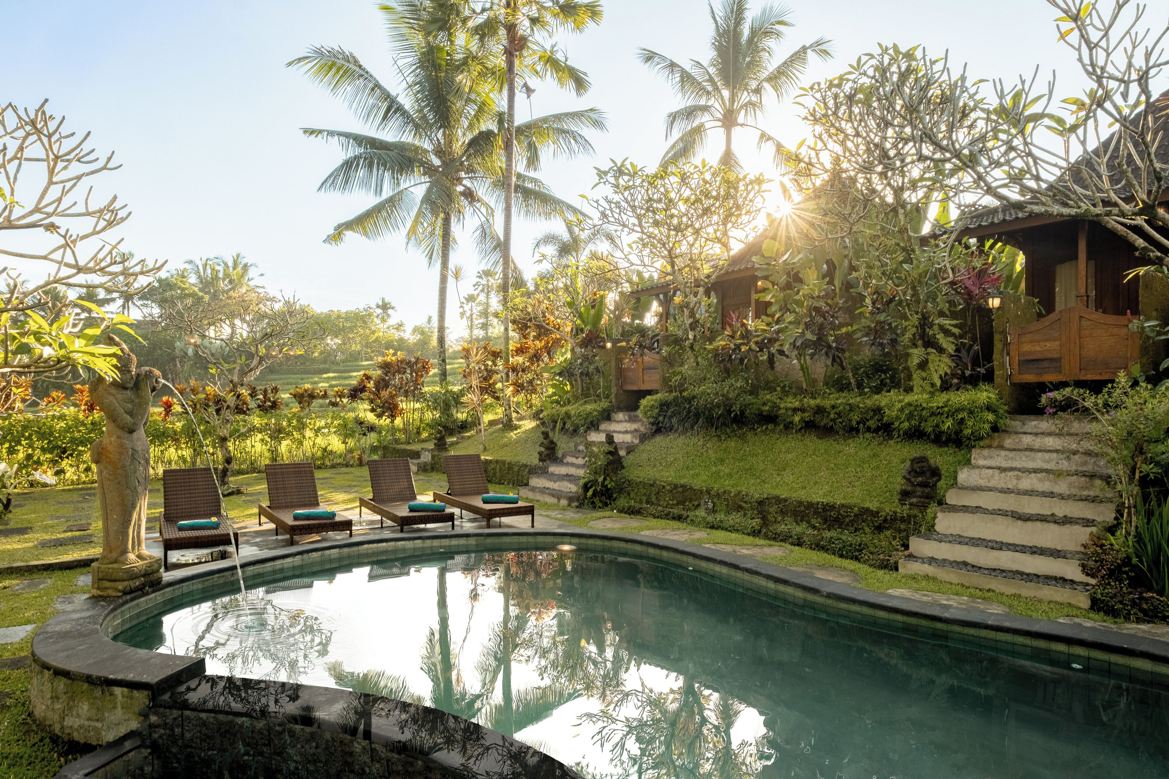 A pool with lounge chairs, palm trees, and a wooden structure in a garden setting.