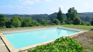 Ein rechteckiger Swimmingpool mit klar blauem Wasser, umgeben von einem Betonrand und einer Rasenfläche mit etwas Vegetation.