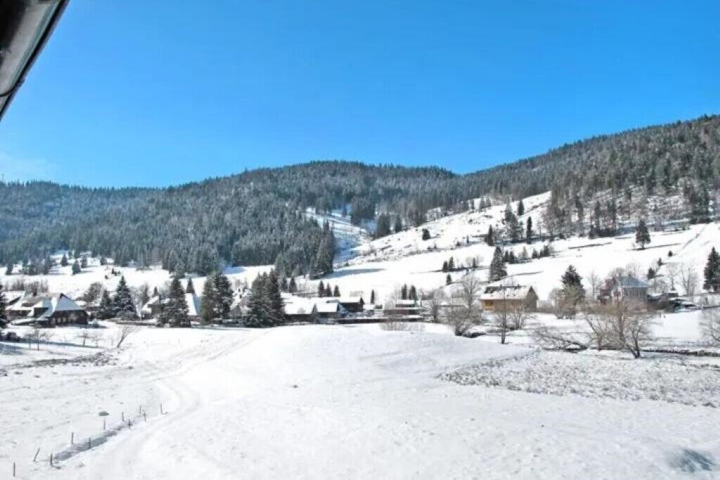 Un paysage enneigé avec des maisons et des arbres.