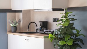 A modern kitchen with a coffee maker, a sink, and a potted plant. - Casa di Cornaro (Sitia)