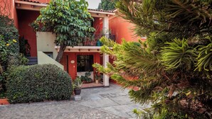 A courtyard with a red building, a large tree, and potted plants. - Bungalows San Felipe (Oaxaca)
