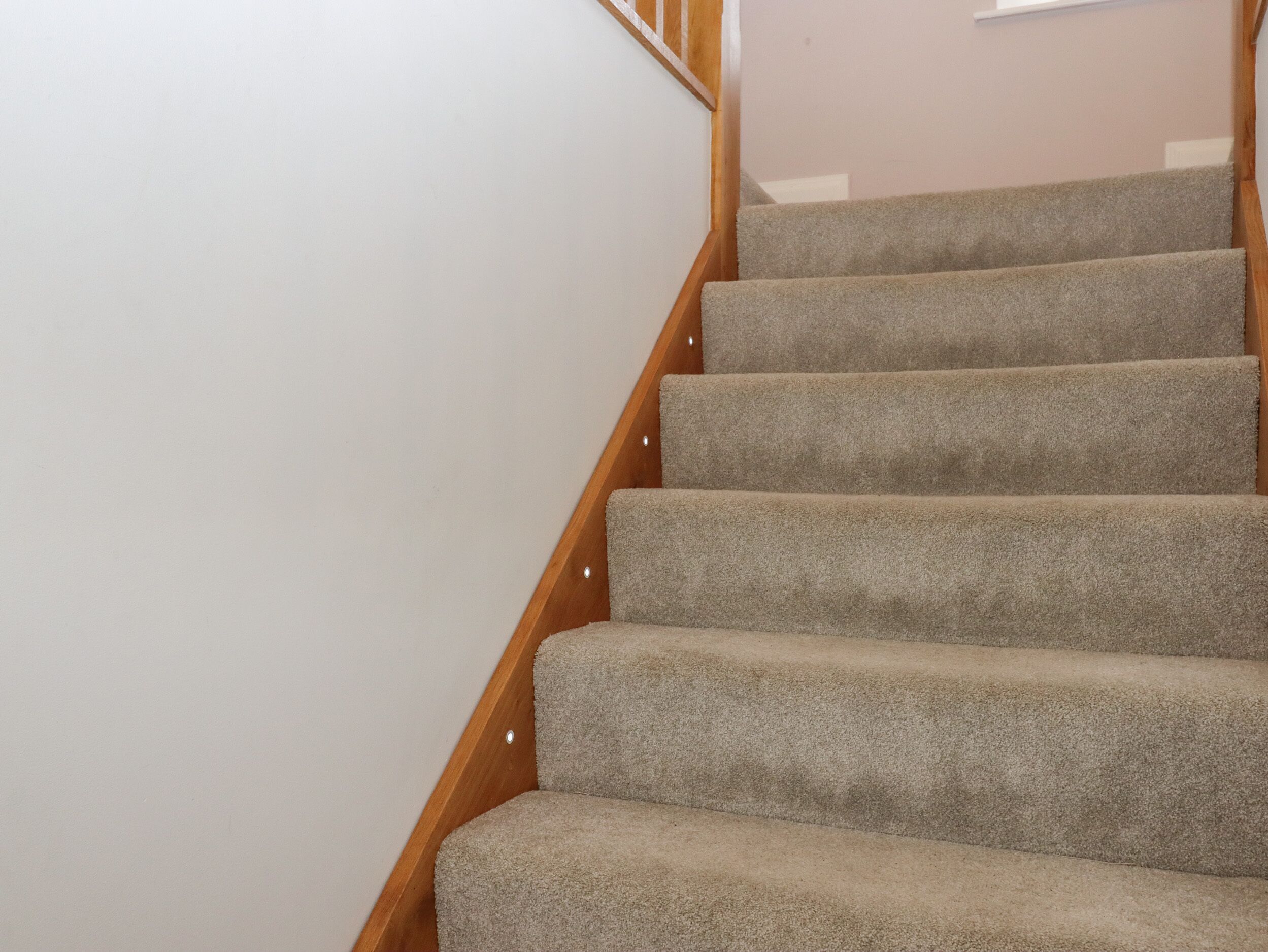 A carpeted staircase with wooden handrails and a plain wall.