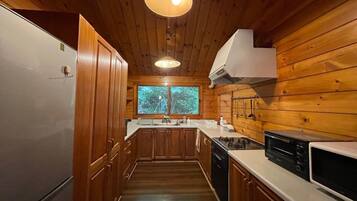 Een koelkast, een magnetron, een kookplaat, kookgerei, borden en bestek