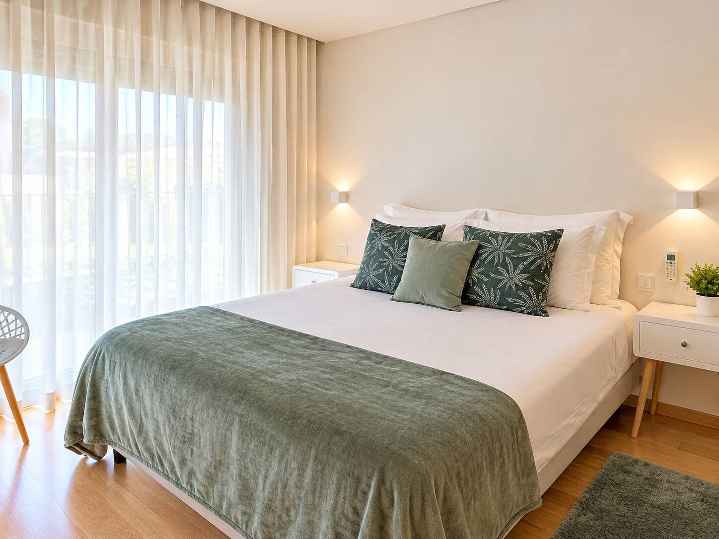 A neatly made bed with a green bedspread, two white pillows, and a green throw pillow. There are two bedside tables with lamps, a small potted plant, and a chair visible.
