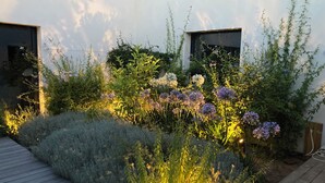 A rooftop garden with a variety of plants and flowers, wooden decking, and two windows. - Beachfront family home for 14 people (Zonza)