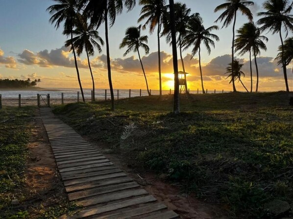 On the beach, sun loungers