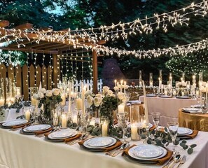An outdoor dining area with tables set for a formal event, featuring candles, glassware, and floral centerpieces.