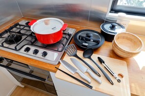 Fridge, microwave, stovetop, cookware/dishes/utensils