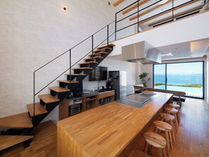 Fridge, microwave, stovetop, cookware/dishes/utensils