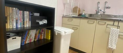 Fridge, microwave, cookware/dishes/utensils