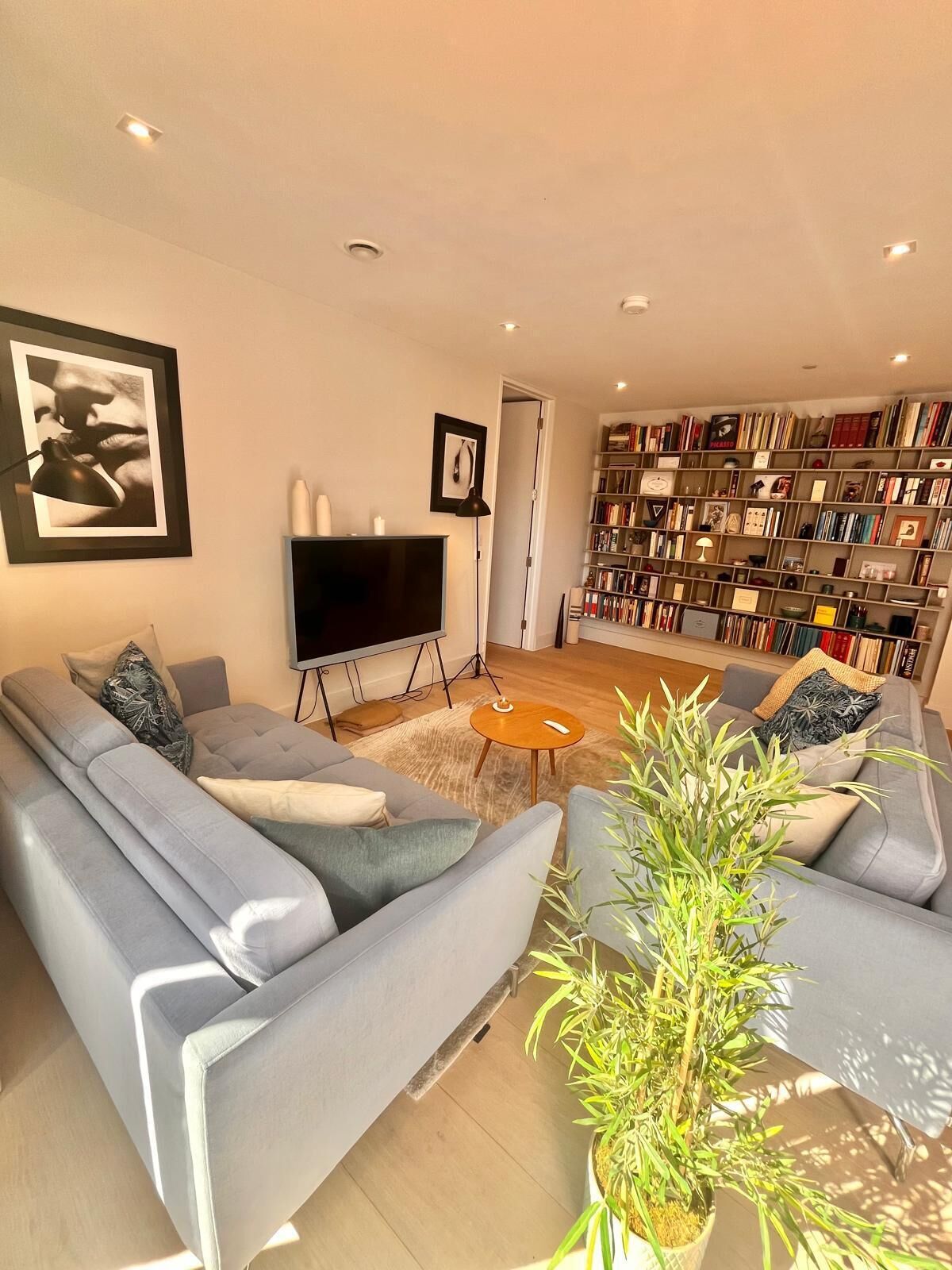 Een moderne woonkamer met een grijze zithoek, een flatscreen televisie, een boekenkast en een potplant.