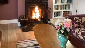 A cozy living room with a fireplace, a bookshelf, and a floral arrangement on a table. - Ryans Roundstone Retreats Islandview (Roundstone)
