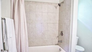 Ein Badezimmer mit Badewanne, Dusche und Toilette.