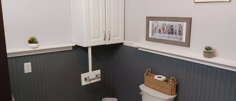 Chuveiro, secador de cabelo, toalhas de banho, sabonete