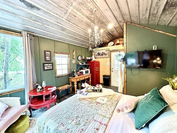 Una habitación acogedora con cama, televisión, una pequeña cocina y ventana con vistas a árboles.