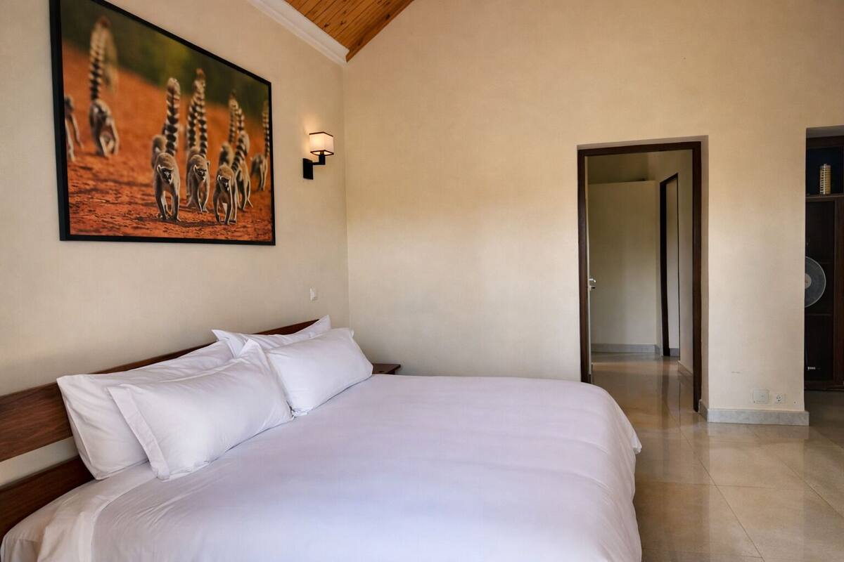 A bedroom with a large bed, a painting of lemurs on the wall, and a hallway leading to another room.