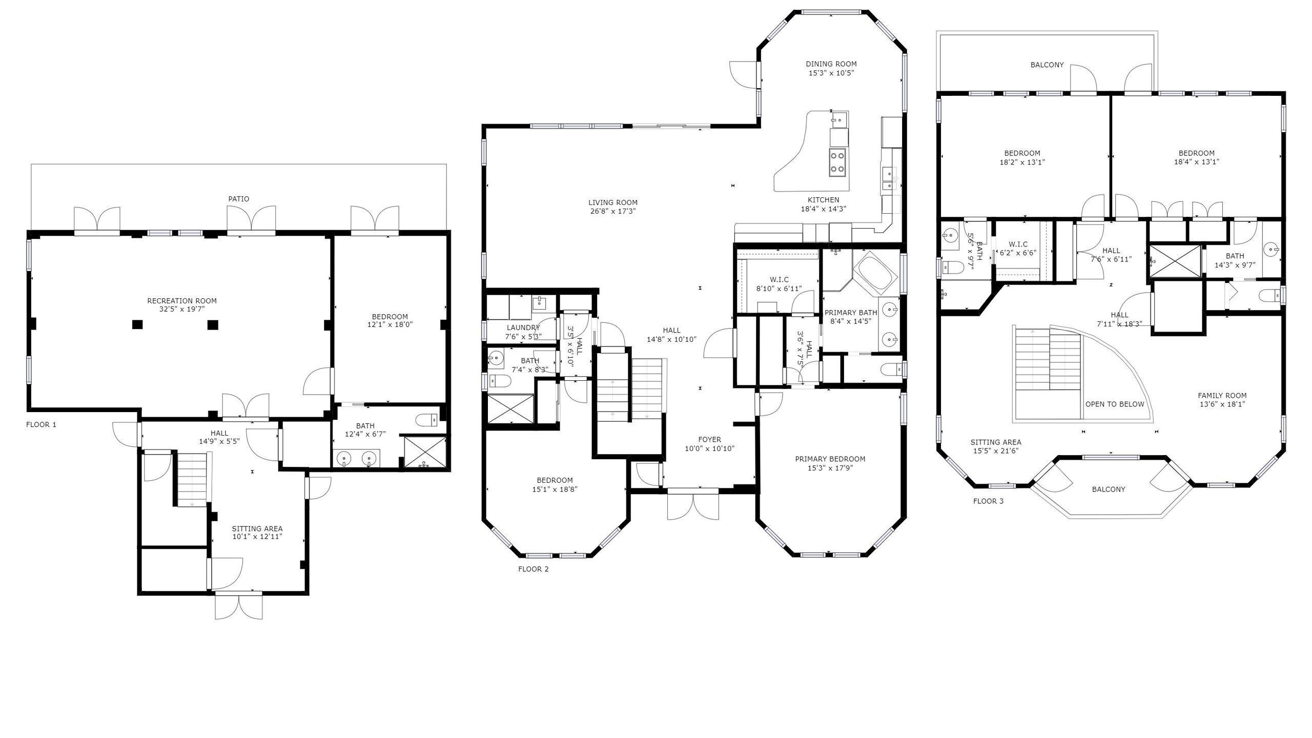 Planta baixa mostrando uma sala de jantar, cozinha, sala de estar, quartos, banheiros e uma varanda.