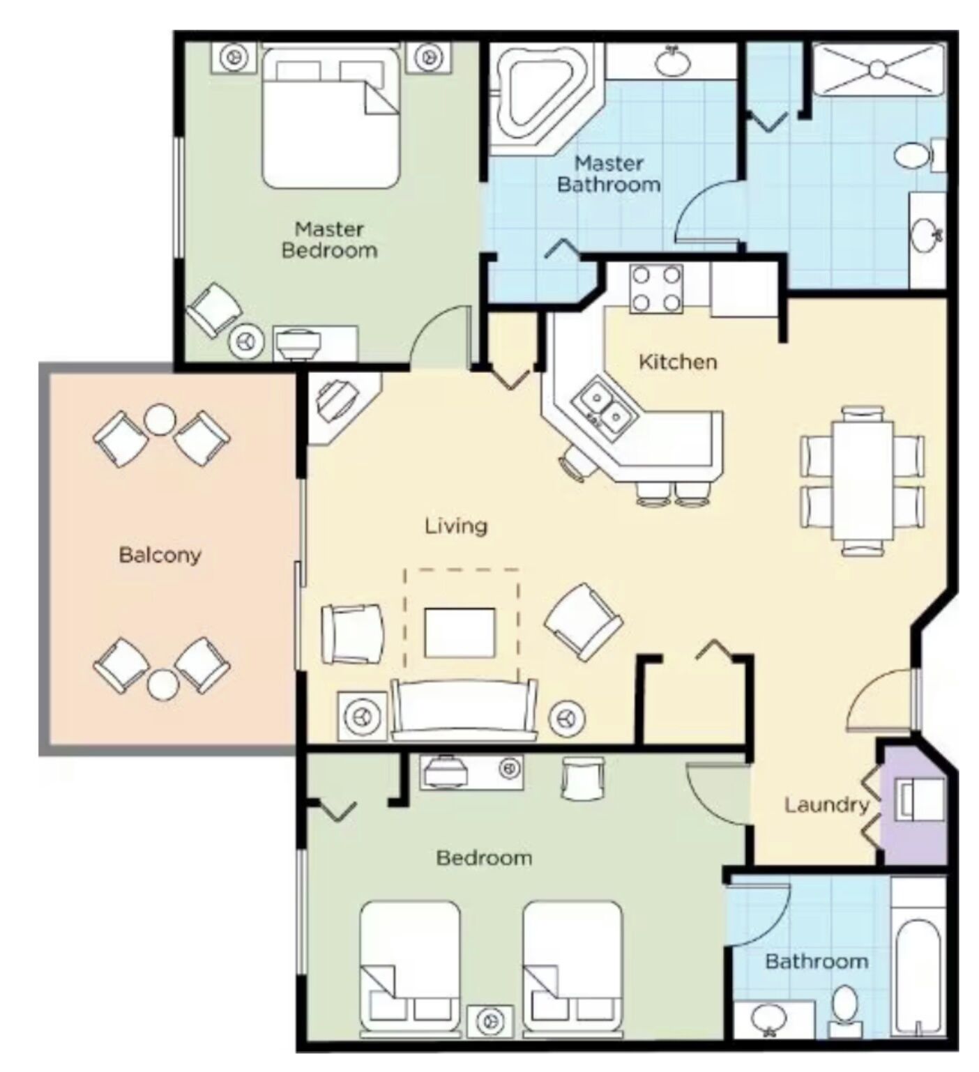 Grundriss eines Hotels mit Hauptschlafzimmer, Badezimmer en suite, Küche, Wohnbereich, Balkon und einem separaten Bad.