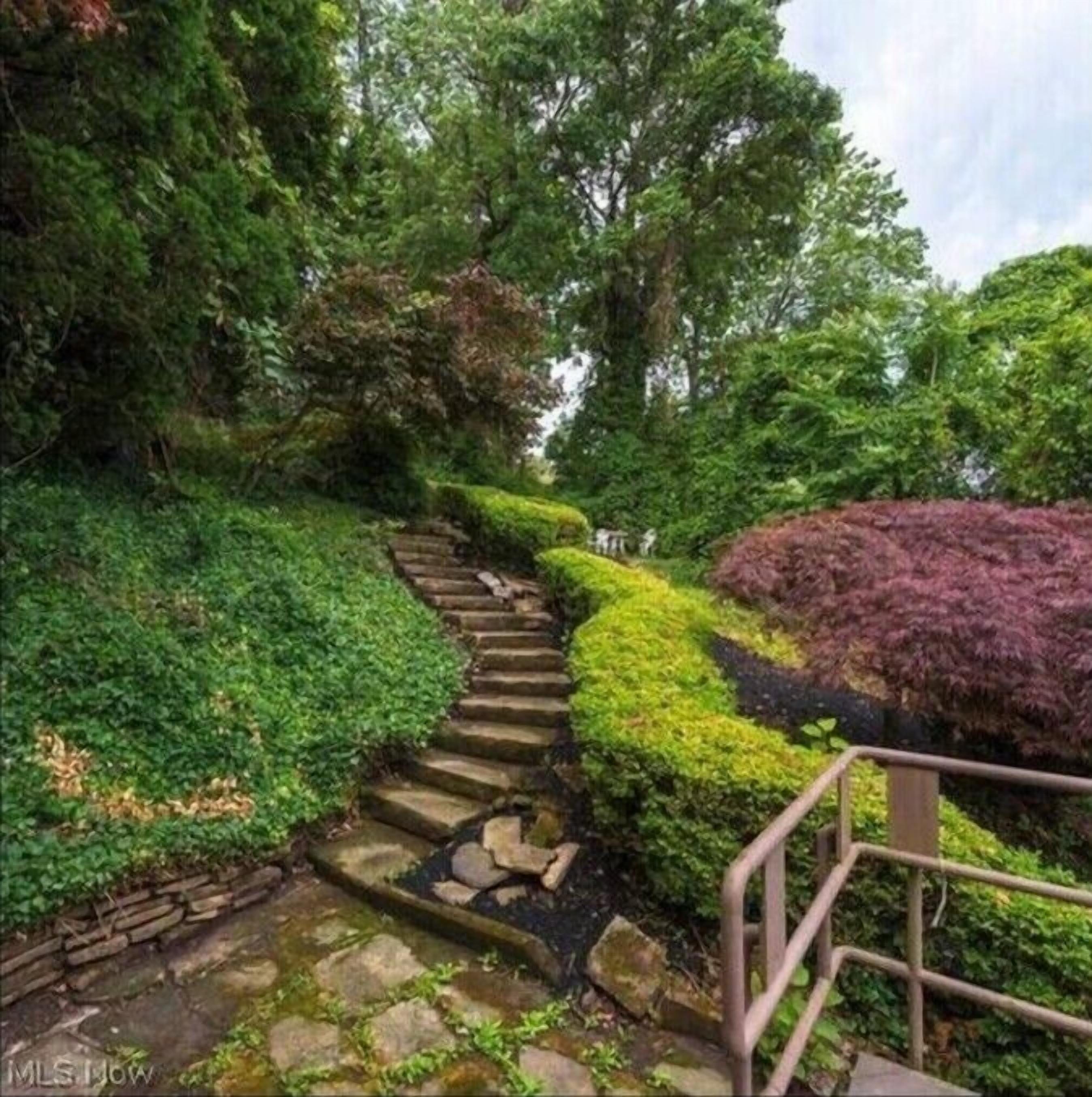 Eine steinerne Treppe, umgeben von üppiger Vegetation und einem kleinen Bach.