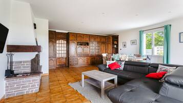 Televisie, een open haard en een tafeltennistafel