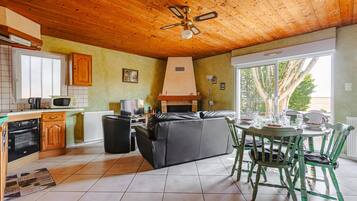 Télévision, cheminée, lecteur de DVD, table de tennis de table