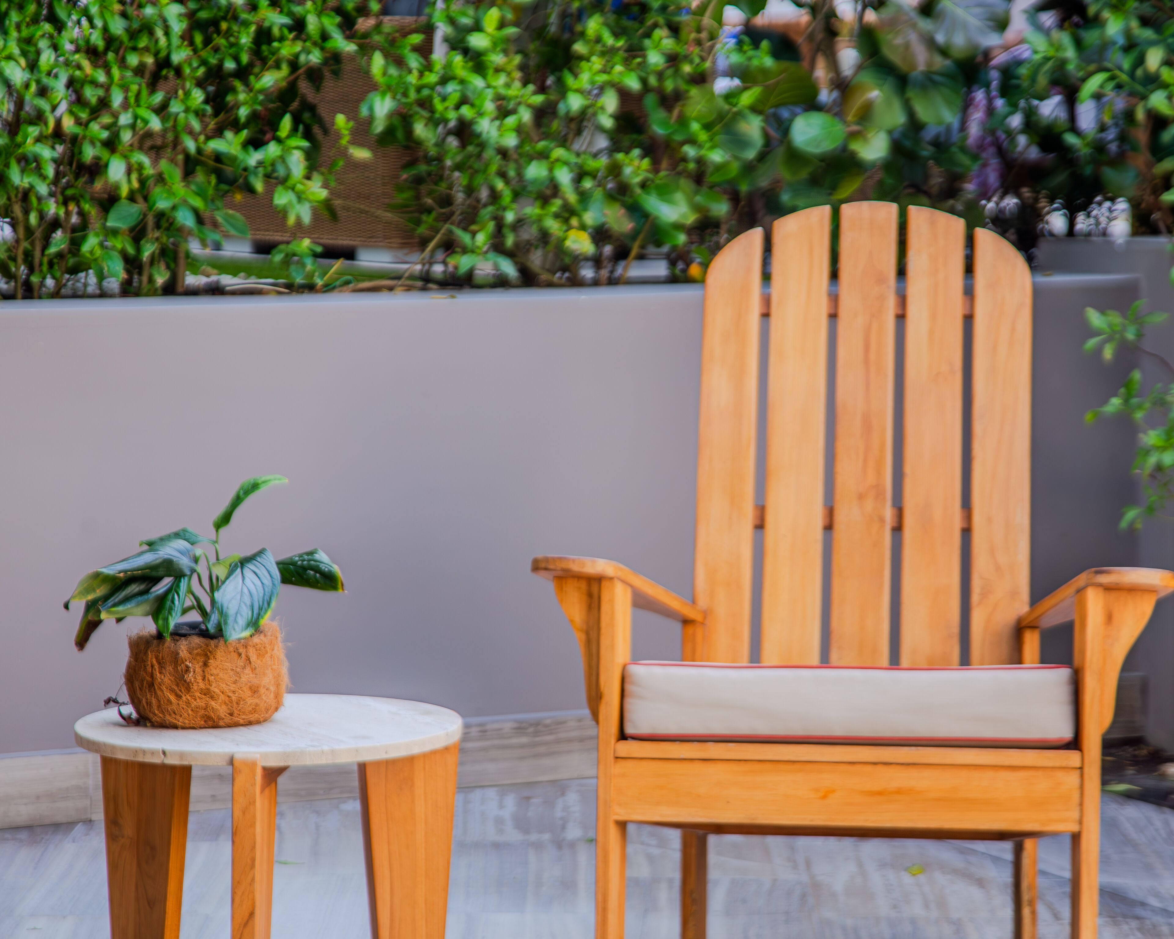 Una silla de madera con cojín y una mesita con planta en maceta.