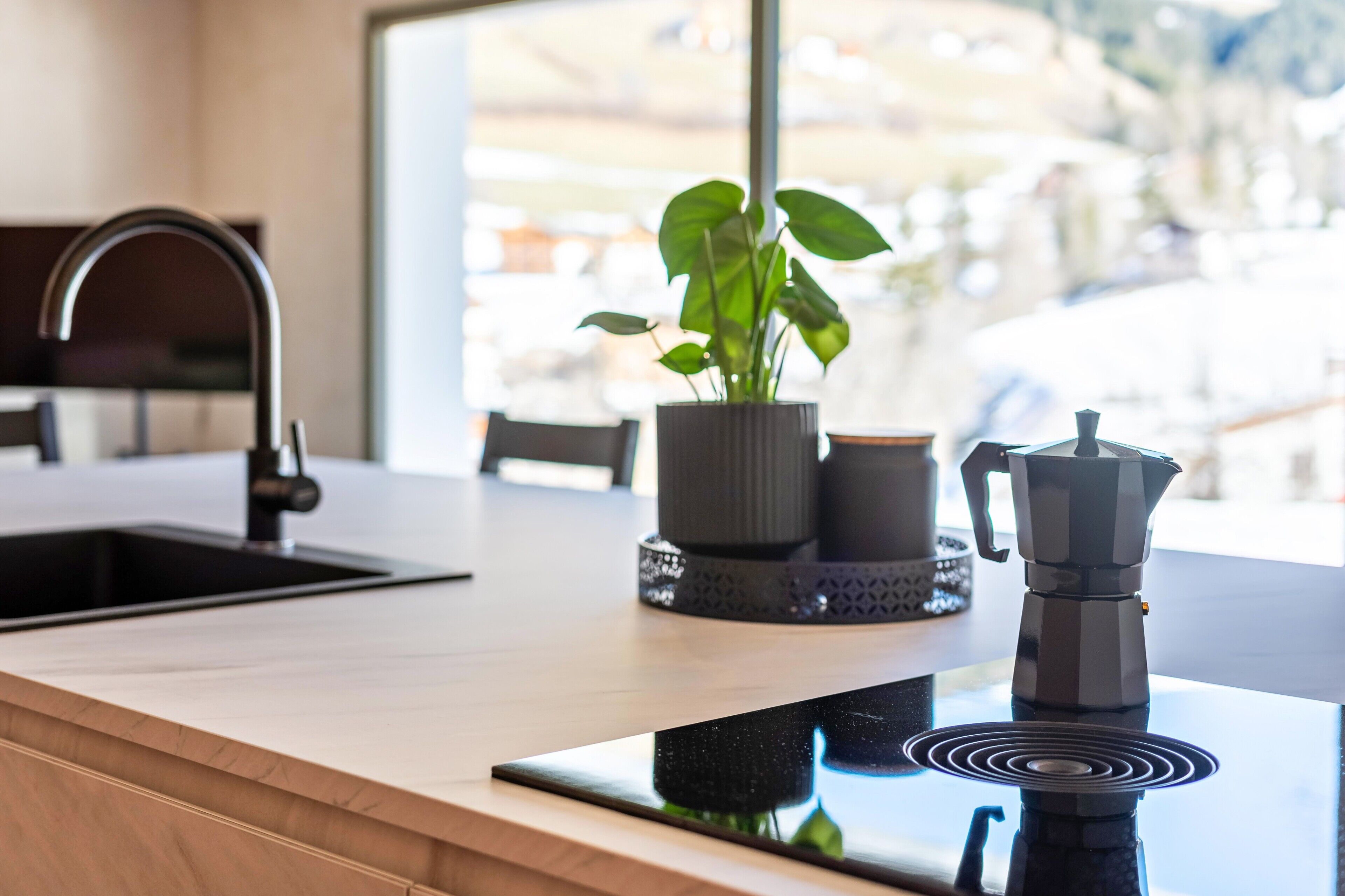 Une cuisine moderne équipée d’une plaque de cuisson à induction intégrée, d’une machine à café et d’une plante en pot.